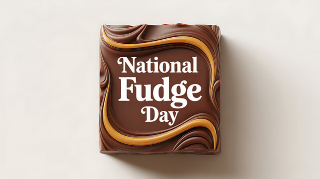 A square piece of chocolate fudge with 'National Fudge Day' text on a light background