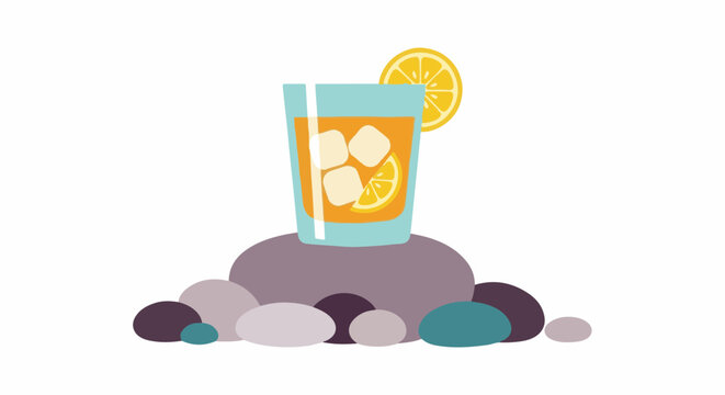 Refreshing citrus drink with ice and lemon, served on a bed of smooth stones
