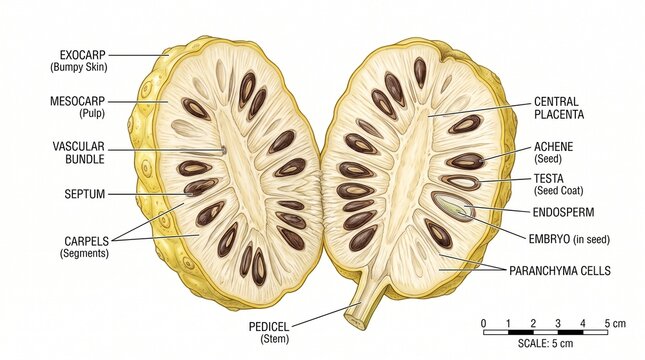 bumpy skin pulp vascular bundle segments stem central placenta seed seed coat endosperm embryo parenchyma cells exocarp mesocarp septum carpels pedicel achenes testa