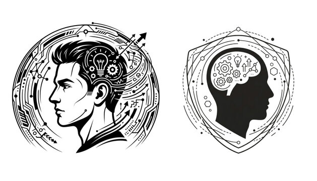 Artificial intelligence thinking and cognitive innovation silhouette vector icons with digital brain analytics technology