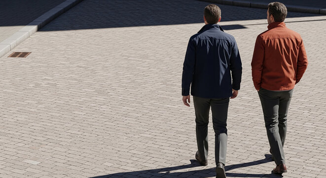 Two men walk away from the camera on a paved surface, showcasing casual outerwear and trousers, representing modern lifestyle and fashion