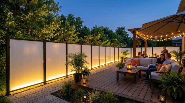 Groups of man and woman relaxing on deck at night. Illuminated privacy fence bordering modern patio and backyard garden. Evening social gathering with outdoor lighting and decor.