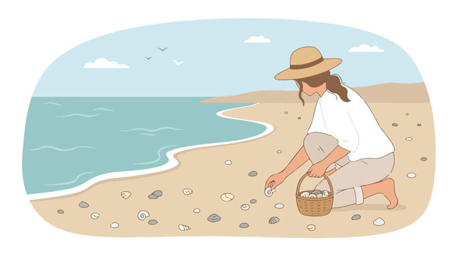 Woman in a sun hat collecting seashells on a sandy beach during her summer holiday vacation 2d vector illustration of a peaceful coastal scene by the ocean