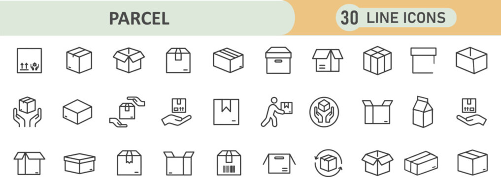 Set of 30 parcel delivery line icons with delivery shipping logistics transport shipment business commerce container distribution handling warehousing tracking management cardboard
