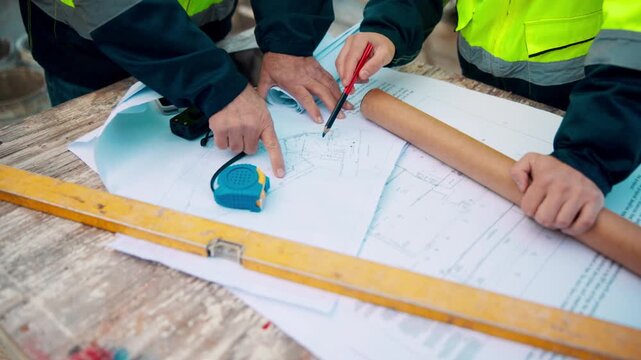 Hands, engineer and blueprint at construction site, discussion or project development with team. People, paperwork or floor plan for building design, industrial architecture or review drawing on desk