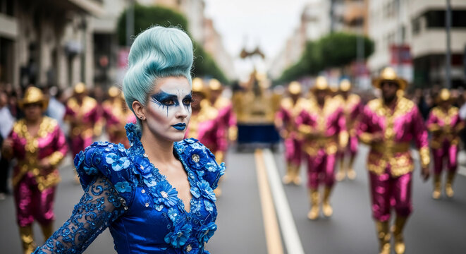 Woman with elaborate blue makeup and hairstyle in a vibrant blue costume, symbolizing festive parade, performance, and elaborate celebration attire