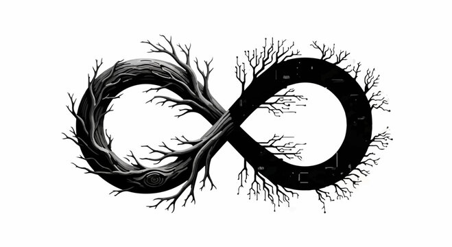 Symbol of endless growth and natural cycles formed by intertwined branches and trees.