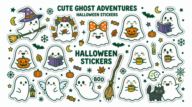 Cute Halloween Ghost Sticker Sheet with Various Characters, Pumpkins, Bats, and Autumn Leaves, Flat Vector Illustration