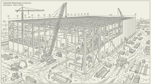 Architectural Blueprint of a Large Industrial Building Under Construction.