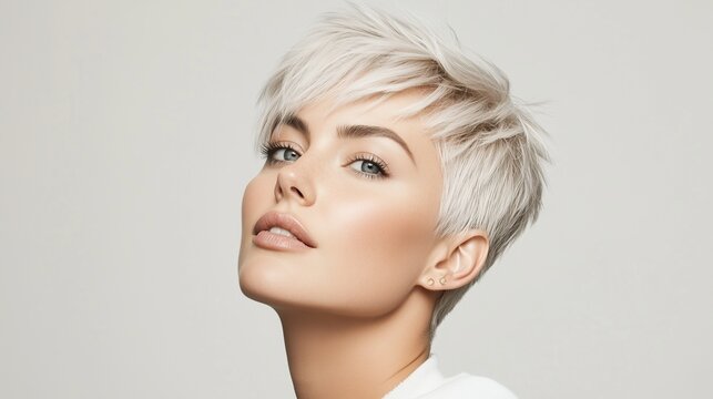 A sophisticated woman with a flawless ash-blonde textured pixie haircut fully visible in frame, cool platinum ash tones with soft silver undertones, razor-sharp textured layers