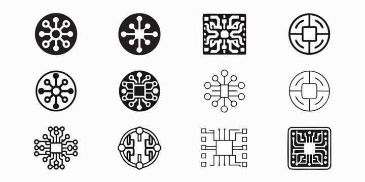 Circuit Board Icons Black Line Art On White Background