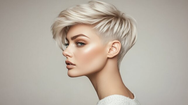 Beautiful woman with a stunning textured ash-blonde pixie haircut completely visible in frame, multidimensional cool ash tones blending from dark roots to light platinum ends, choppy layered texture