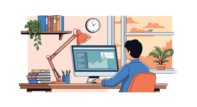 Young man focused on working at his home office desk with a computer during a beautiful sunset view from the window.