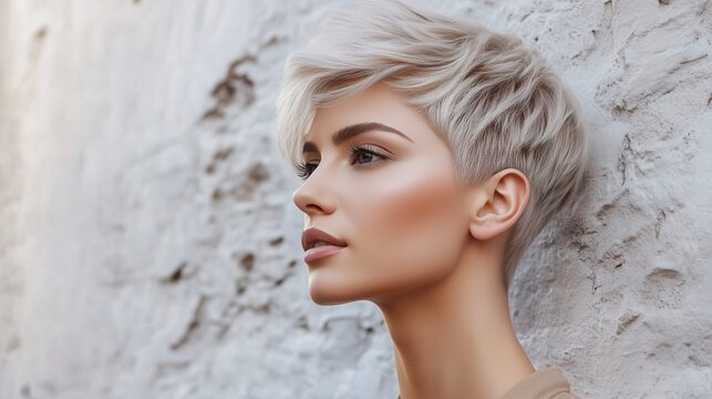Confident stylish woman with a sophisticated ash-blonde pixie haircut, full cut visible in shot, icy platinum ash blonde with smoky cool highlights, heavily textured layers on top