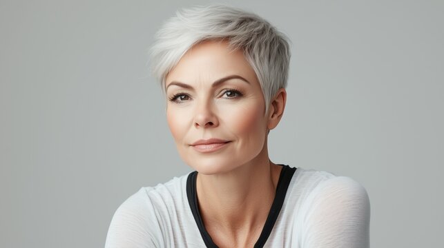 Elegant mature woman showcasing a perfect ash-blonde textured pixie cut, entire hairstyle clearly visible from crown to nape, cool grey-blonde dimensional color, voluminous crown with tapered sides
