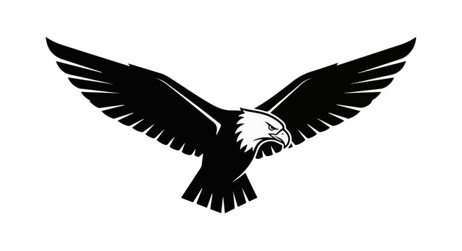 Stylized black and white silhouette of an eagle in flight with wings spread