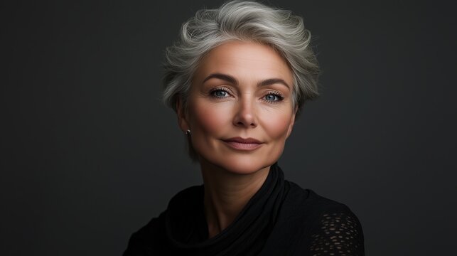 Elegant mature woman showcasing a perfect ash-blonde textured pixie cut, entire hairstyle clearly visible from crown to nape, cool grey-blonde dimensional color, voluminous crown with tapered sides