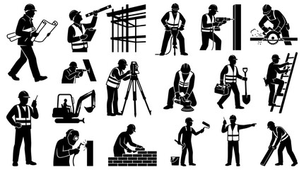Obraz premium Collection of Construction Worker Silhouettes Engaged in Various Tasks.