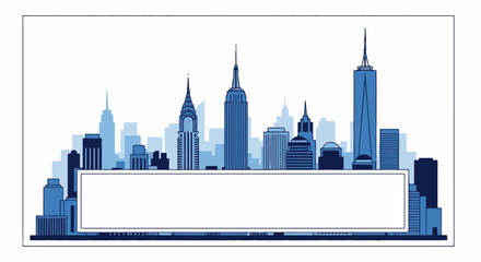 Obraz premium Stylized blue cityscape with iconic tall buildings and a central white rectangle