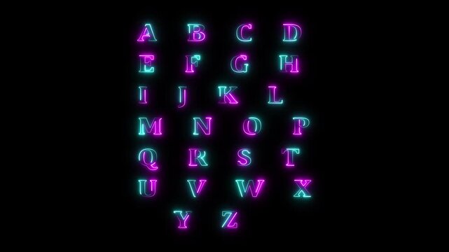 Glowing neon English Upper and lowercase alphabet letter pairs chart, typography learning reference, educational font layout graphic.4k motion graphics video animation