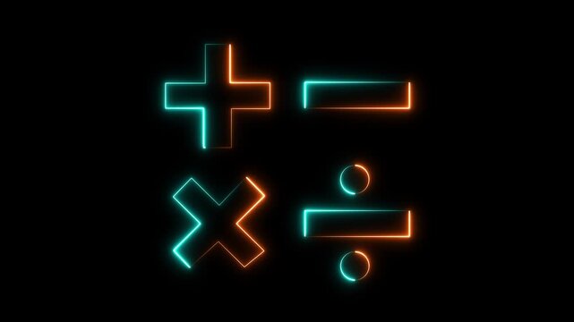 Glowing neon Mathematical operation icons including plus minus multiply divide symbols for calculator and education design.4k motion graphics video animation