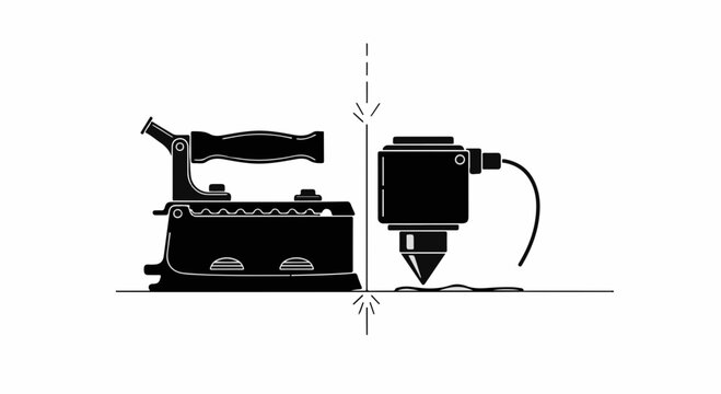 Vintage iron and modern 3D printer nozzle converging on a flat surface, symbolizing contrast and innovation.