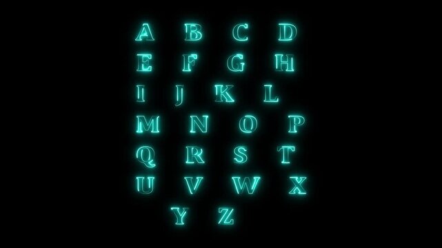 Glowing neon English Upper and lowercase alphabet letter pairs chart, typography learning reference, educational font layout graphic.4k motion graphics video animation