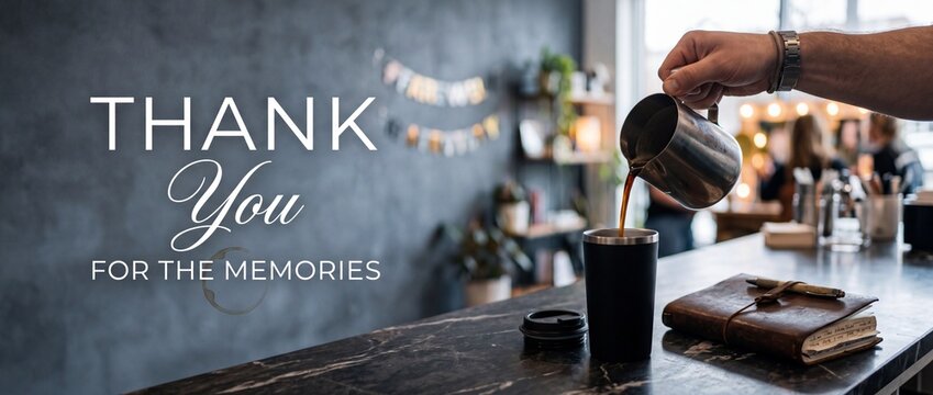Coffee pouring into travel mug with thank you message on wall in cafe, barista preparing drink for farewell gesture, appreciation card concept with leather notebook on counter in warm coffee shops.