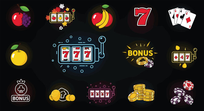 Set of vibrant casino icons featuring slot machines lucky sevens fruit symbols playing cards and shiny gold coins.