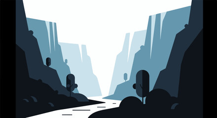 Obraz premium Stylized canyon with a river, trees, and layered rocky cliffs under bright sky