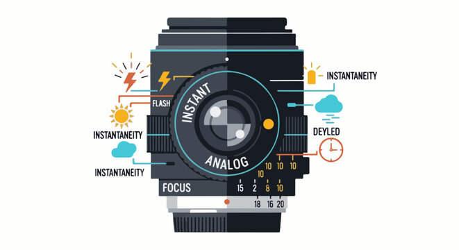 Stylized camera lens illustration with instant analog focus and flash options