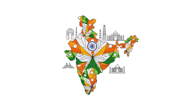 Abstract Map of India with Geometric Patterns and Landmark Outlines
