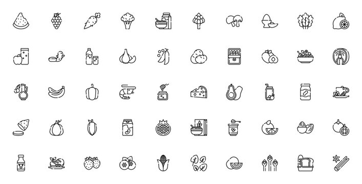Healthy food icon set. Minimal line icons pack. Featuring watermelon, grapes, carrot, broccoli, avocado, salmon, chicken, smoothie, yogurt and more. Editable stroke.