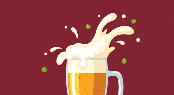 Beer Mug Splashing with Hops Illustration