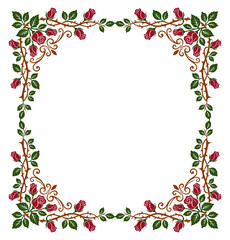 Fototapeta premium Square Vintage Floral Border Frame with Red Blooming Roses on Thorny Branches and Green Leaves, Botanical Decorative Vector Ornament with Scrollwork Accents Isolated