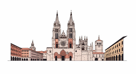 Obraz premium Stylized drawing of a grand cathedral with flanking buildings and arches