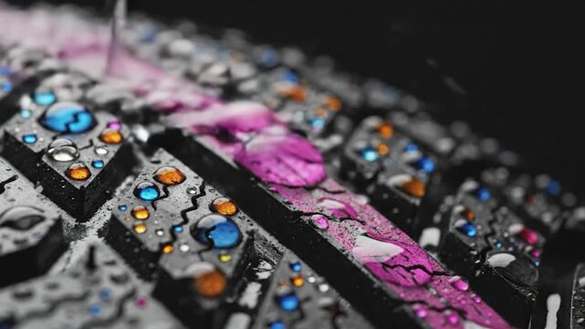 Close up of a car tire tread with colorful glowing beads and water pouring over the surface