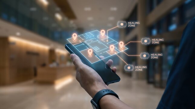 Indoor Navigation Technology in Healthcare: Premium Smartphone Displaying Holographic Hospital Map and Routing Nodes