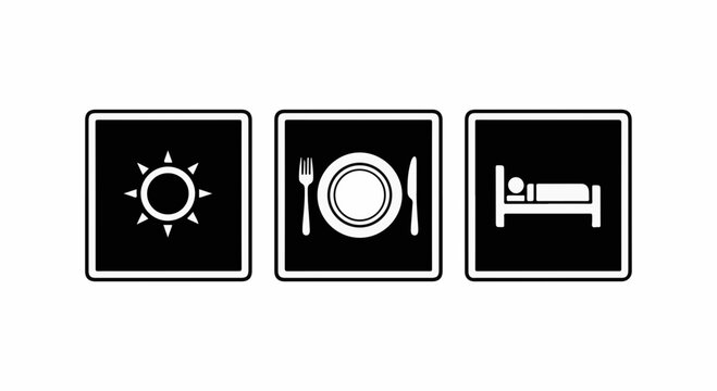 Simple icons represent fundamental needs: sun, food, and sleep.