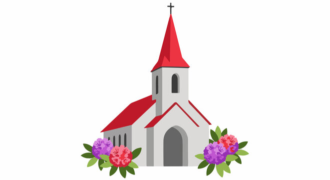 Stylized church building with red roof, white walls, and colorful flower decorations