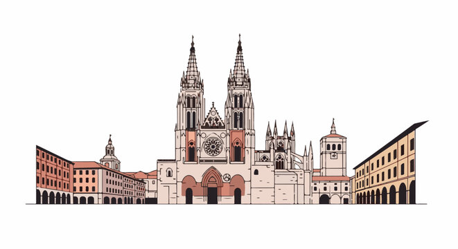 Stylized drawing of a grand cathedral with flanking buildings and arches