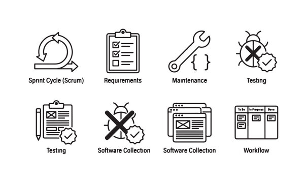 Software Development and Agile Process Line Icons with Text