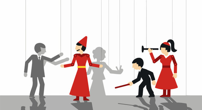 Stylized figures appear as puppets controlled by strings