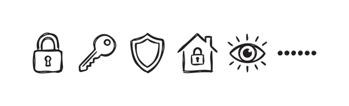 Hand-drawn icons representing security, access control, smart home, biometric identification, and password protection