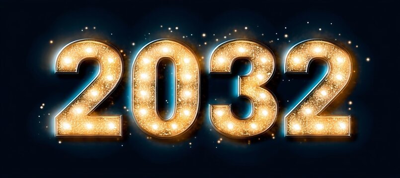 Elegant 2032 New Year Celebration with Retro Illuminated Marquee Lights and Festive Atmosphere