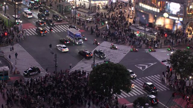 SHIBUYA, TOKYO, JAPAN - MAY 2026 : Aerial view of street traffic at night. Many cars, bus, taxi and bike passing by on the road. Japanese transportation and traffic concept video.
