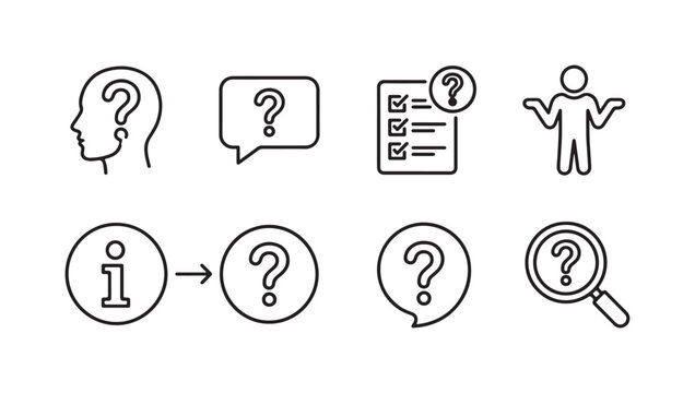 Line art icons representing questions, inquiry, information, and confusion