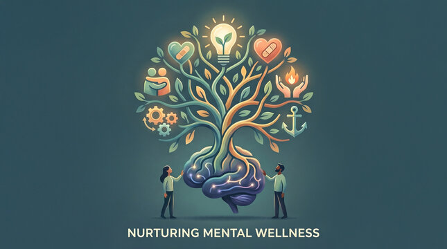 Illustration of mental wellness growth with support, care, healing, and hope.