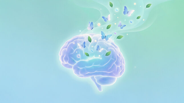 Glowing brain with butterflies symbolizing healing, calm, and mental renewal