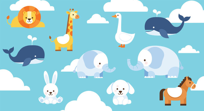 Group of cute cartoon animals including a giraffe, lion, and whales float among clouds in a bright blue sky for children wallpaper.
